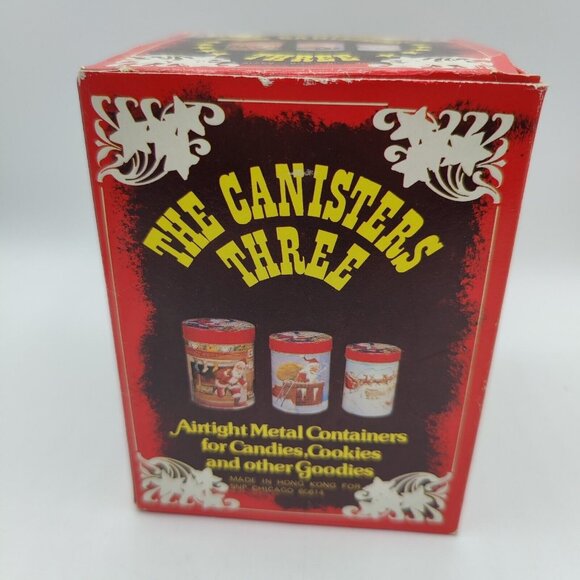 Vintage Nesting Christmas Canister Set of 2 Santa Tree Tins Metal Hong Kong - Picture 2 of 12